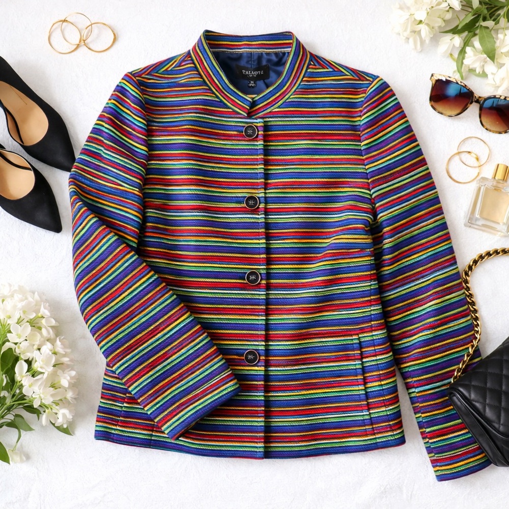 Talbots Multicolor Striped Cotton Blend Collarless Blazer Jacket 12P